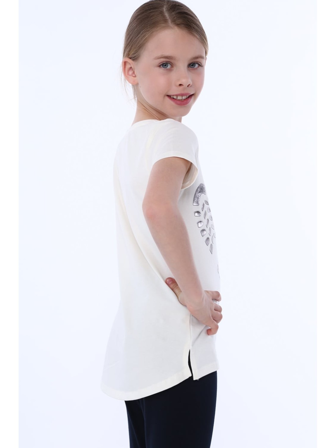 Girls\' T-shirt with shoe print, cream, NDZ8254 - Online store - Boutique